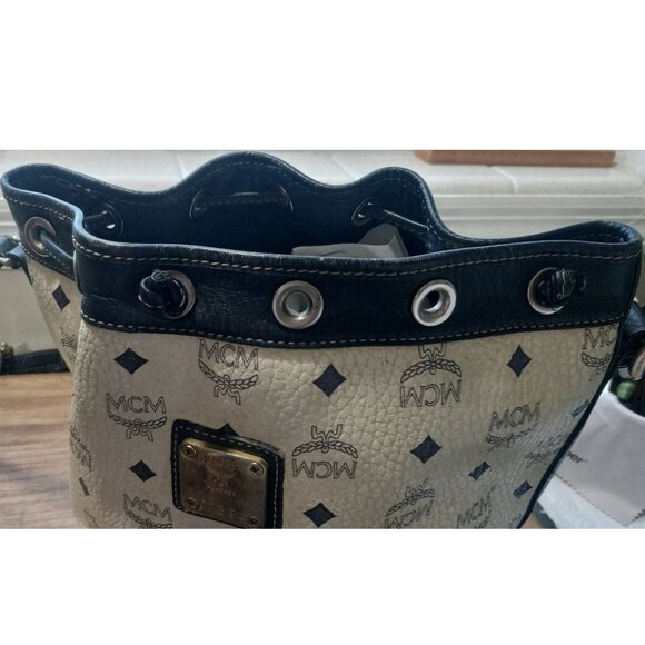 Vtg. MCM Drawstring Viestos Bucket Bag NAVY WHITE C7594 - Picture 3 of 16